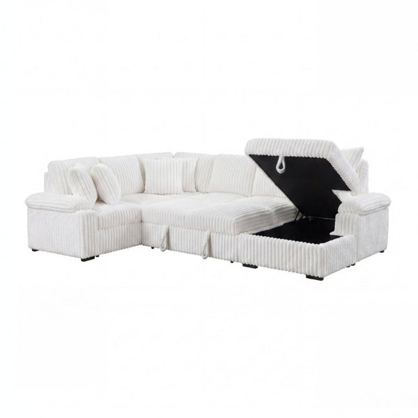 English Elm 3-Piece Corduroy Sectional Sofa with Pull-Out Bed Hidden Storage and Channel Tufting White B011S03819