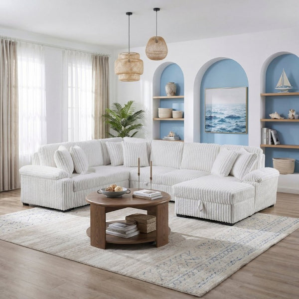 English Elm 3-Piece Corduroy Sectional Sofa with Pull-Out Bed Hidden Storage and Channel Tufting White B011S03819