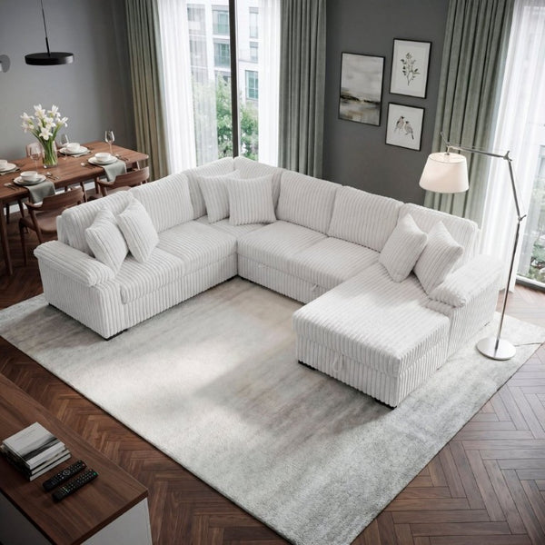 English Elm 3-Piece Corduroy Sectional Sofa with Pull-Out Bed Hidden Storage and Channel Tufting White B011S03819