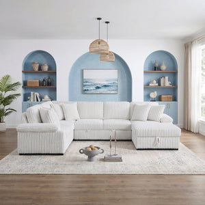 English Elm 3-Piece Corduroy Sectional Sofa with Pull-Out Bed Hidden Storage and Channel Tufting White B011S03819