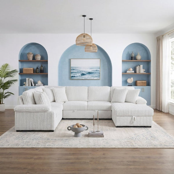 English Elm 3-Piece Corduroy Sectional Sofa with Pull-Out Bed Hidden Storage and Channel Tufting White B011S03819