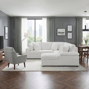 English Elm 3-Piece Corduroy Sectional Sofa with Pull-Out Bed Hidden Storage and Channel Tufting White B011S03819