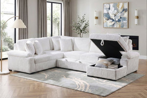 English Elm 3-Piece Corduroy Sectional Sofa with Pull-Out Bed Hidden Storage and Channel Tufting White B011S03819