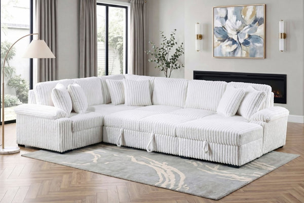 English Elm 3-Piece Corduroy Sectional Sofa with Pull-Out Bed Hidden Storage and Channel Tufting White B011S03819