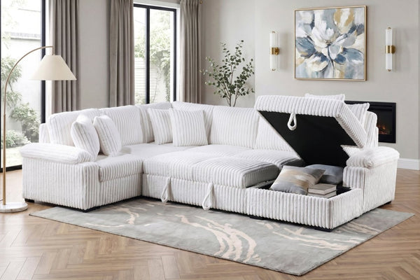 English Elm 3-Piece Corduroy Sectional Sofa with Pull-Out Bed Hidden Storage and Channel Tufting White B011S03819
