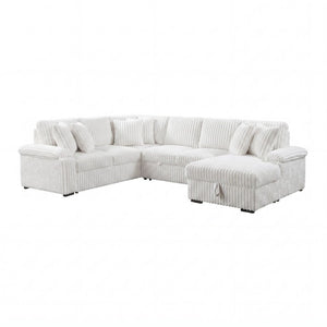 English Elm 3-Piece Corduroy Sectional Sofa with Pull-Out Bed Hidden Storage and Channel Tufting White B011S03819