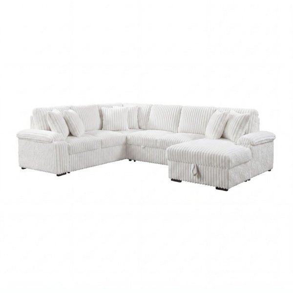English Elm 3-Piece Corduroy Sectional Sofa with Pull-Out Bed Hidden Storage and Channel Tufting White B011S03819