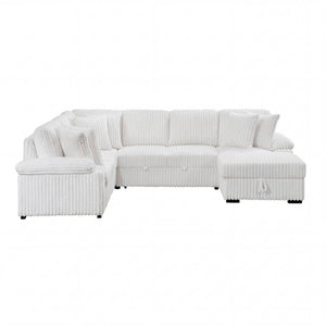 English Elm 3-Piece Corduroy Sectional Sofa with Pull-Out Bed Hidden Storage and Channel Tufting White B011S03819