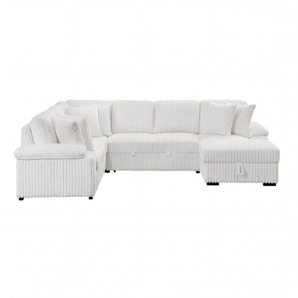 English Elm 3-Piece Corduroy Sectional Sofa with Pull-Out Bed Hidden Storage and Channel Tufting White B011S03819