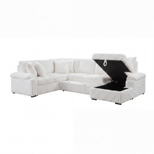 English Elm 3-Piece Corduroy Sectional Sofa with Pull-Out Bed Hidden Storage and Channel Tufting White B011S03819