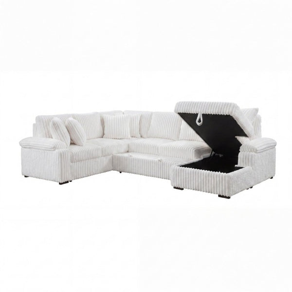 English Elm 3-Piece Corduroy Sectional Sofa with Pull-Out Bed Hidden Storage and Channel Tufting White B011S03819