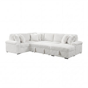 English Elm 3-Piece Corduroy Sectional Sofa with Pull-Out Bed Hidden Storage and Channel Tufting White B011S03819