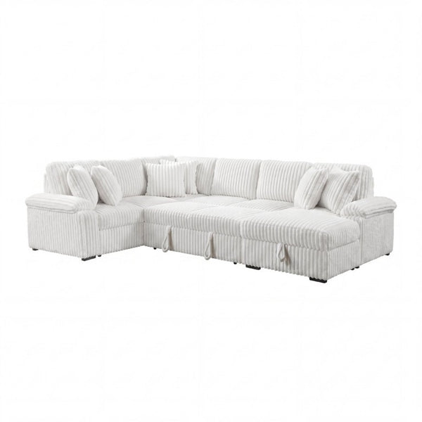 English Elm 3-Piece Corduroy Sectional Sofa with Pull-Out Bed Hidden Storage and Channel Tufting White B011S03819