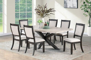 English Elm Transitional Seven Piece Rectangular Dining Set with Geometric Pedestal Base Six Upholstered Chairs B011S03820