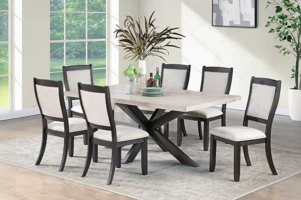 English Elm Transitional Seven Piece Rectangular Dining Set with Geometric Pedestal Base Six Upholstered Chairs B011S03820