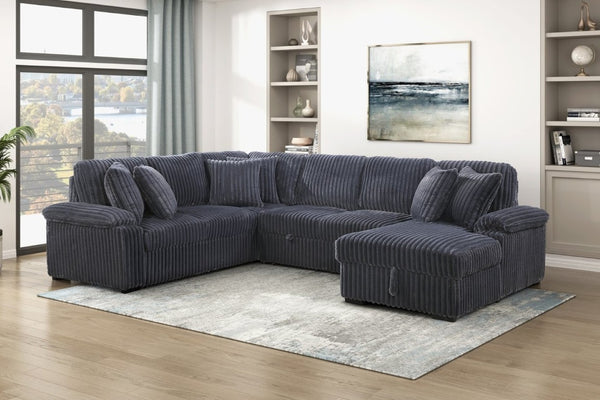 English Elm 3-Piece Corduroy Sectional Sofa with Pull-Out Bed Hidden Storage and Channel Tufting Dark Gray B011S03821