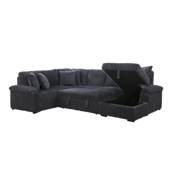 English Elm 3-Piece Corduroy Sectional Sofa with Pull-Out Bed Hidden Storage and Channel Tufting Dark Gray B011S03821