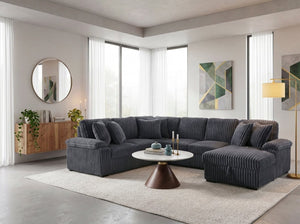 English Elm 3-Piece Corduroy Sectional Sofa with Pull-Out Bed Hidden Storage and Channel Tufting Dark Gray B011S03821