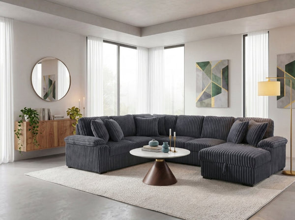 English Elm 3-Piece Corduroy Sectional Sofa with Pull-Out Bed Hidden Storage and Channel Tufting Dark Gray B011S03821