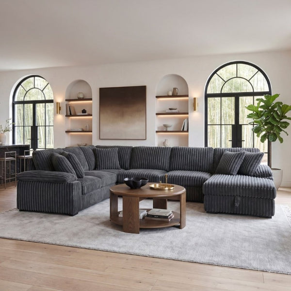 English Elm 3-Piece Corduroy Sectional Sofa with Pull-Out Bed Hidden Storage and Channel Tufting Dark Gray B011S03821