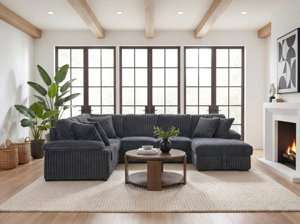 English Elm 3-Piece Corduroy Sectional Sofa with Pull-Out Bed Hidden Storage and Channel Tufting Dark Gray B011S03821