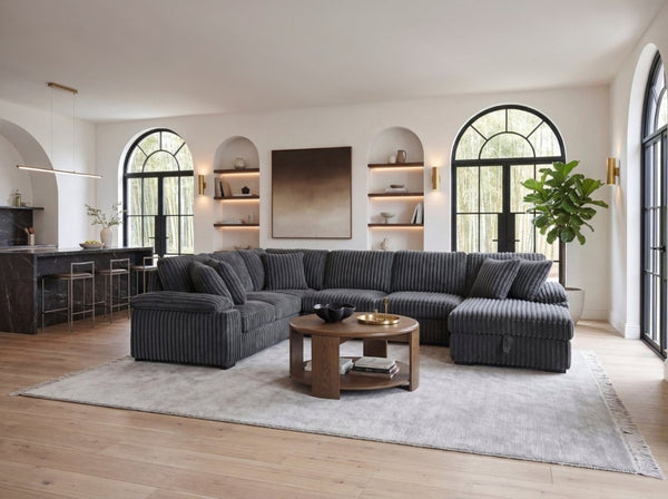 English Elm 3-Piece Corduroy Sectional Sofa with Pull-Out Bed Hidden Storage and Channel Tufting Dark Gray B011S03821