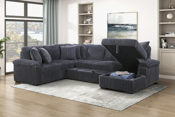 English Elm 3-Piece Corduroy Sectional Sofa with Pull-Out Bed Hidden Storage and Channel Tufting Dark Gray B011S03821