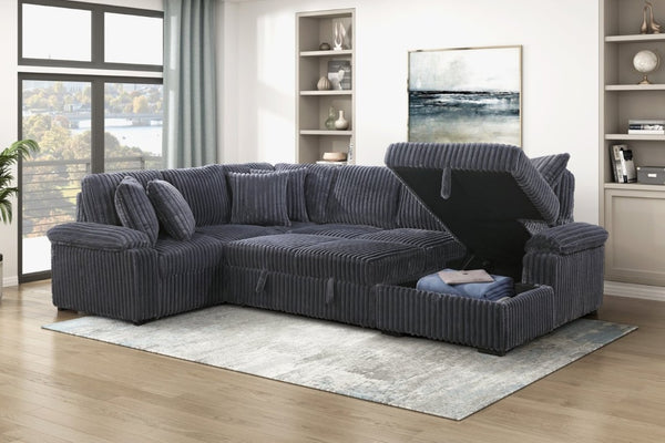 English Elm 3-Piece Corduroy Sectional Sofa with Pull-Out Bed Hidden Storage and Channel Tufting Dark Gray B011S03821