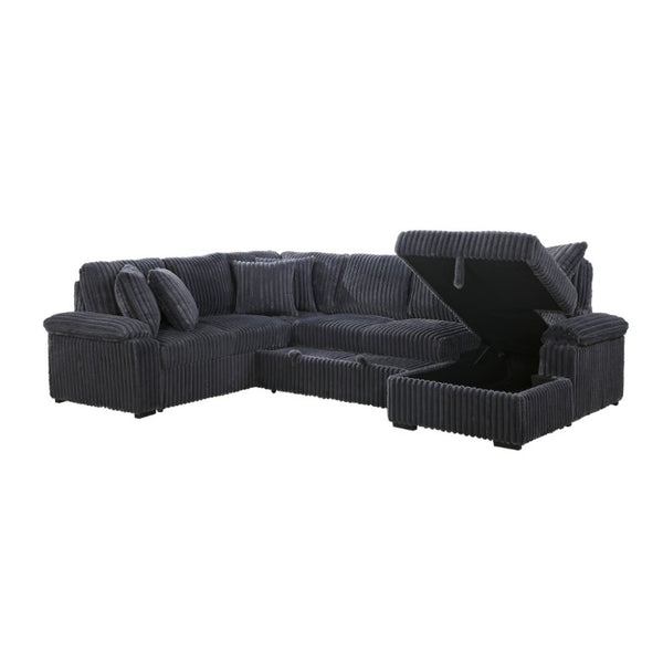 English Elm 3-Piece Corduroy Sectional Sofa with Pull-Out Bed Hidden Storage and Channel Tufting Dark Gray B011S03821