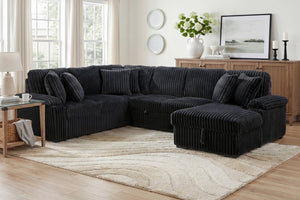 English Elm 3-Piece Corduroy Sectional Sofa with Pull-Out Bed Hidden Storage and Channel Tufting Black B011S03822