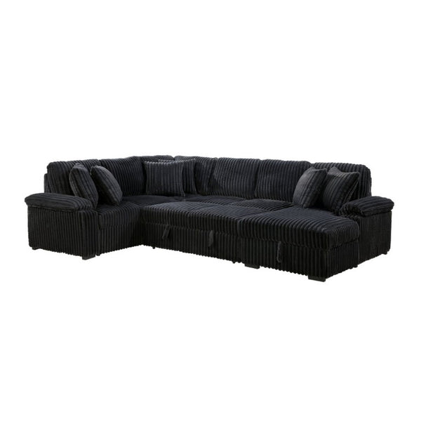 English Elm 3-Piece Corduroy Sectional Sofa with Pull-Out Bed Hidden Storage and Channel Tufting Black B011S03822
