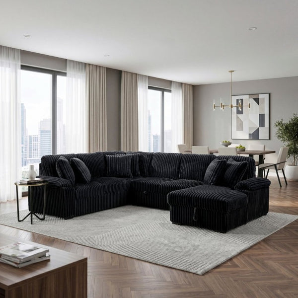 English Elm 3-Piece Corduroy Sectional Sofa with Pull-Out Bed Hidden Storage and Channel Tufting Black B011S03822