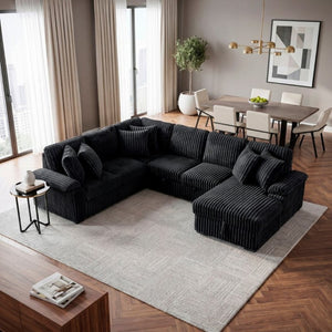 English Elm 3-Piece Corduroy Sectional Sofa with Pull-Out Bed Hidden Storage and Channel Tufting Black B011S03822