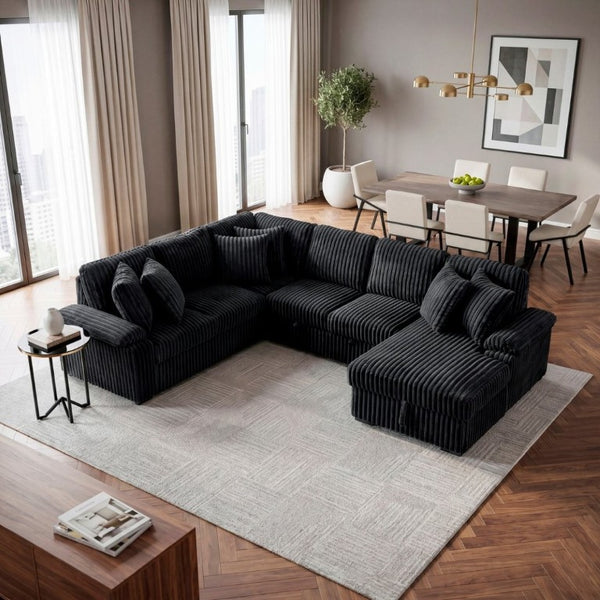 English Elm 3-Piece Corduroy Sectional Sofa with Pull-Out Bed Hidden Storage and Channel Tufting Black B011S03822