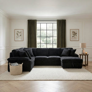 English Elm 3-Piece Corduroy Sectional Sofa with Pull-Out Bed Hidden Storage and Channel Tufting Black B011S03822