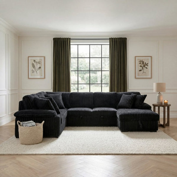 English Elm 3-Piece Corduroy Sectional Sofa with Pull-Out Bed Hidden Storage and Channel Tufting Black B011S03822