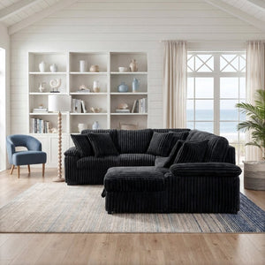 English Elm 3-Piece Corduroy Sectional Sofa with Pull-Out Bed Hidden Storage and Channel Tufting Black B011S03822