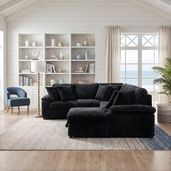 English Elm 3-Piece Corduroy Sectional Sofa with Pull-Out Bed Hidden Storage and Channel Tufting Black B011S03822