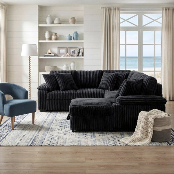 English Elm 3-Piece Corduroy Sectional Sofa with Pull-Out Bed Hidden Storage and Channel Tufting Black B011S03822