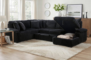 English Elm 3-Piece Corduroy Sectional Sofa with Pull-Out Bed Hidden Storage and Channel Tufting Black B011S03822