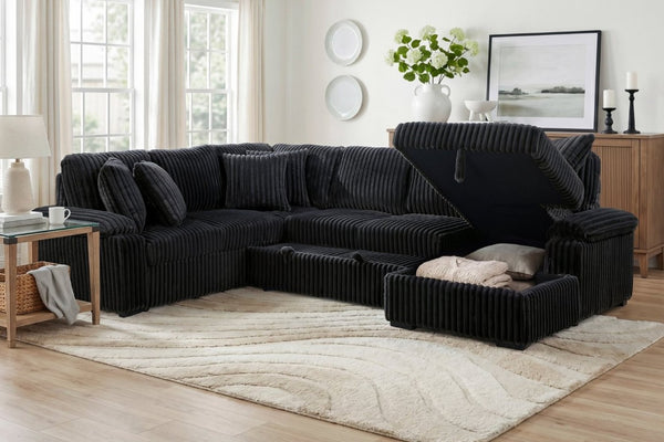 English Elm 3-Piece Corduroy Sectional Sofa with Pull-Out Bed Hidden Storage and Channel Tufting Black B011S03822