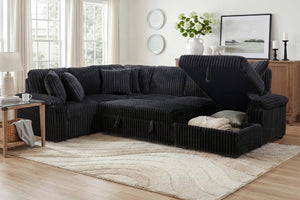 English Elm 3-Piece Corduroy Sectional Sofa with Pull-Out Bed Hidden Storage and Channel Tufting Black B011S03822