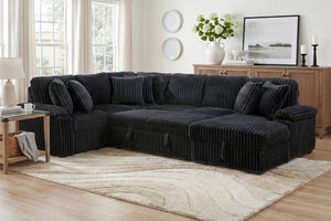 English Elm 3-Piece Corduroy Sectional Sofa with Pull-Out Bed Hidden Storage and Channel Tufting Black B011S03822