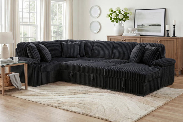English Elm 3-Piece Corduroy Sectional Sofa with Pull-Out Bed Hidden Storage and Channel Tufting Black B011S03822