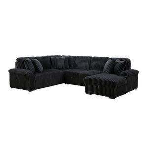 English Elm 3-Piece Corduroy Sectional Sofa with Pull-Out Bed Hidden Storage and Channel Tufting Black B011S03822