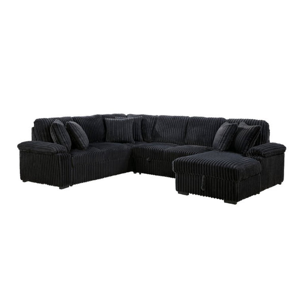 English Elm 3-Piece Corduroy Sectional Sofa with Pull-Out Bed Hidden Storage and Channel Tufting Black B011S03822