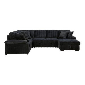 English Elm 3-Piece Corduroy Sectional Sofa with Pull-Out Bed Hidden Storage and Channel Tufting Black B011S03822