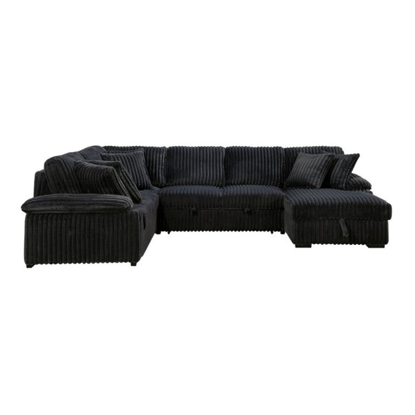 English Elm 3-Piece Corduroy Sectional Sofa with Pull-Out Bed Hidden Storage and Channel Tufting Black B011S03822
