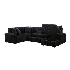 English Elm 3-Piece Corduroy Sectional Sofa with Pull-Out Bed Hidden Storage and Channel Tufting Black B011S03822