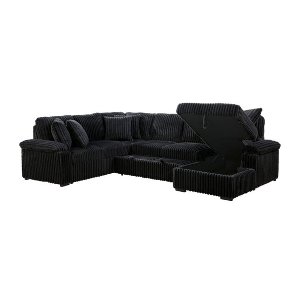 English Elm 3-Piece Corduroy Sectional Sofa with Pull-Out Bed Hidden Storage and Channel Tufting Black B011S03822